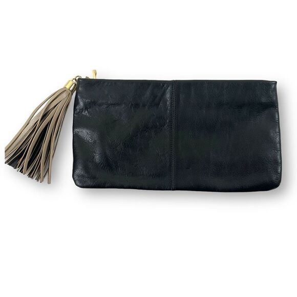 Halogen Colorblock Leather Clutch Black And Tan Top Zipper With Tassle - Picture 2 of 9